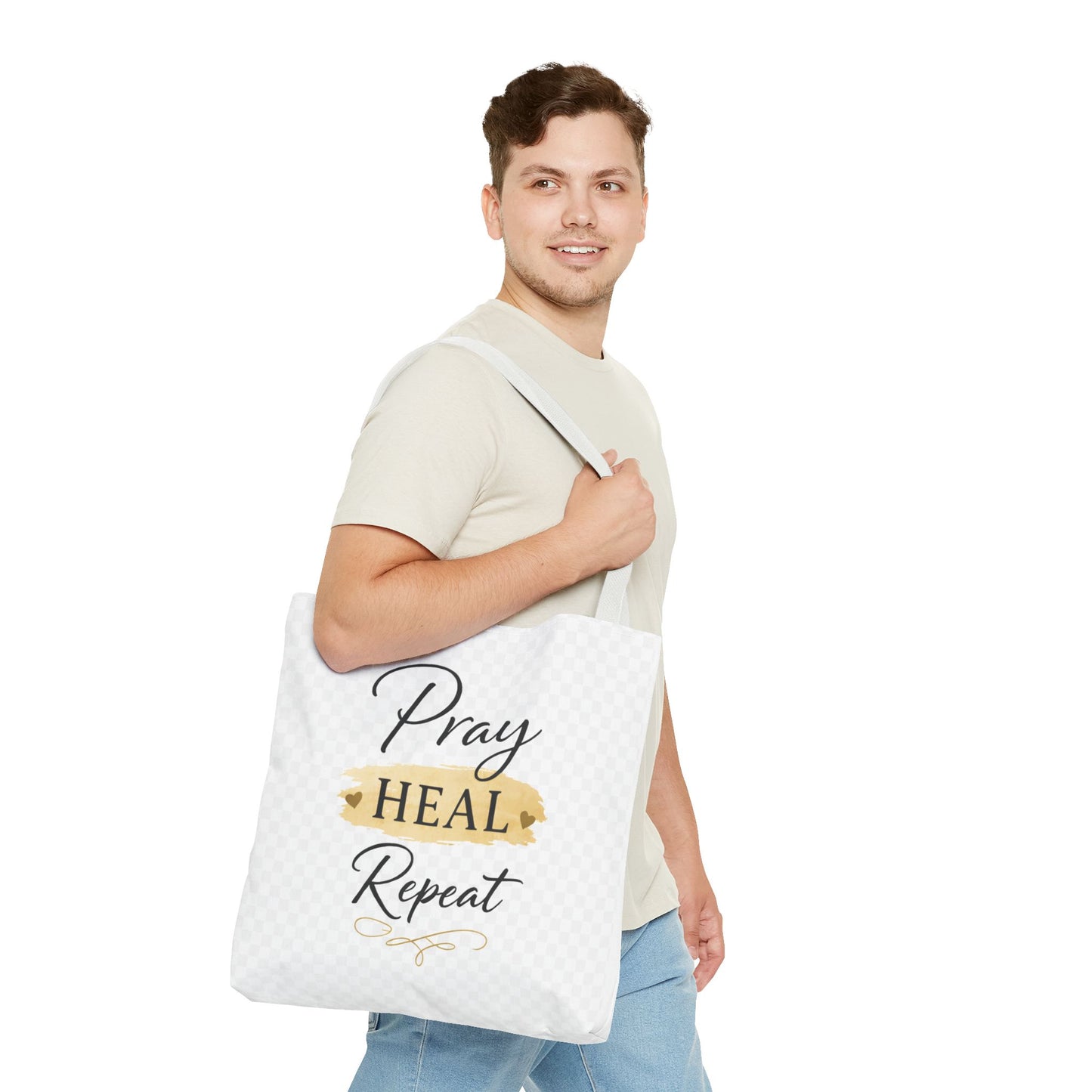 Pray Heal Repeat Tote Bag — Inspirational Faith Canvas Tote