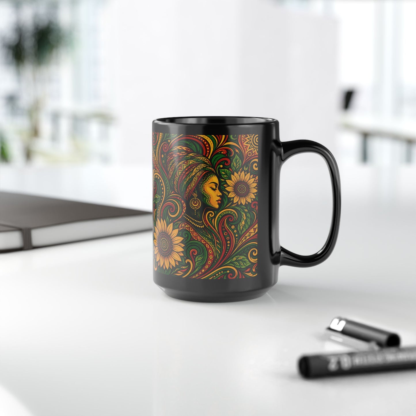 Afrocentric Sunflower Art Mug — Black Ceramic Coffee Cup (11oz/15oz)