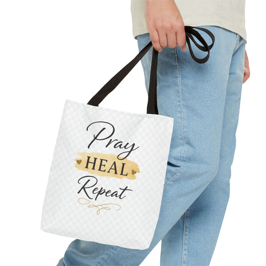 Pray Heal Repeat Tote Bag — Inspirational Faith Canvas Tote