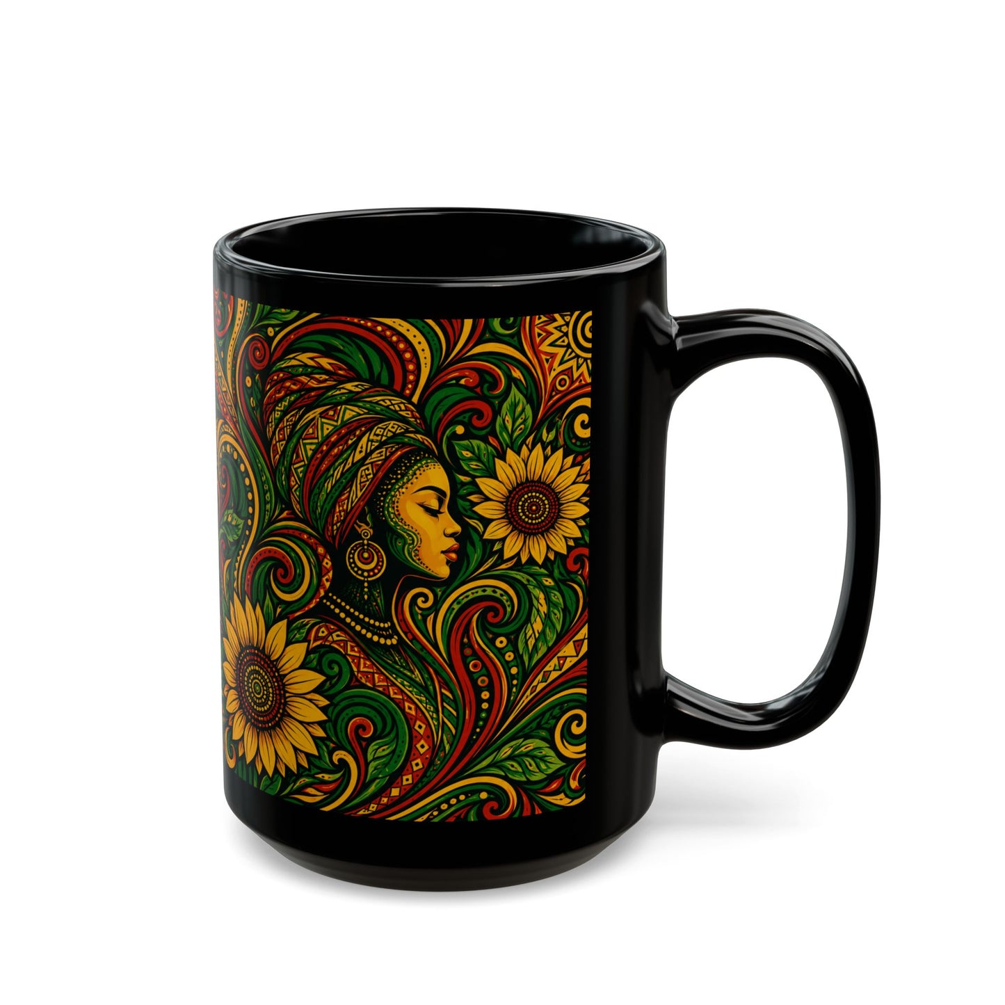 Afrocentric Sunflower Art Mug — Black Ceramic Coffee Cup (11oz/15oz)