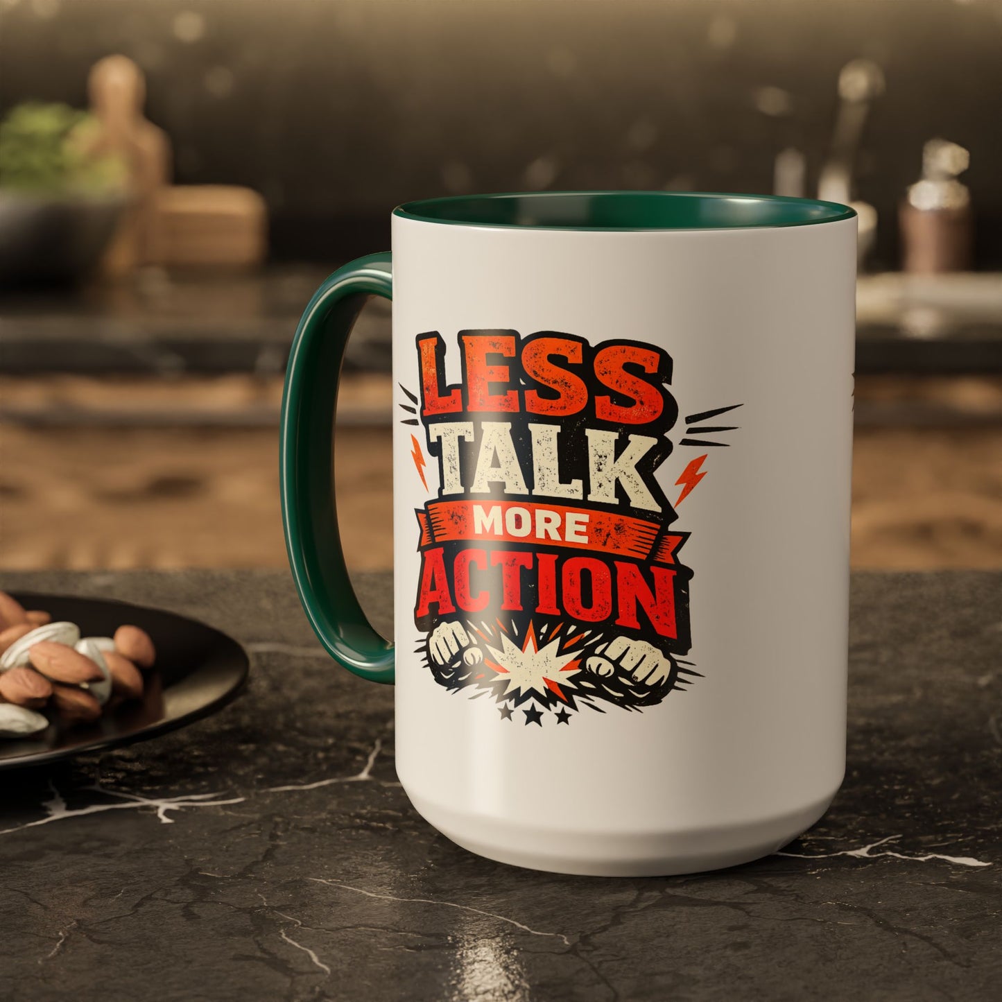 Less Talk More Action Ceramic Mug — Colorful 11oz & 15oz Coffee Cup