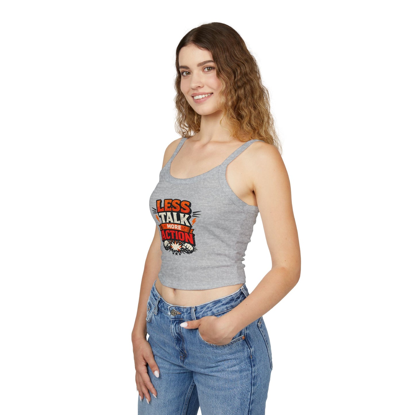 Tanktop „Weniger reden, mehr handeln“ für Damen mit Spaghettiträgern – Motivierende Activewear
