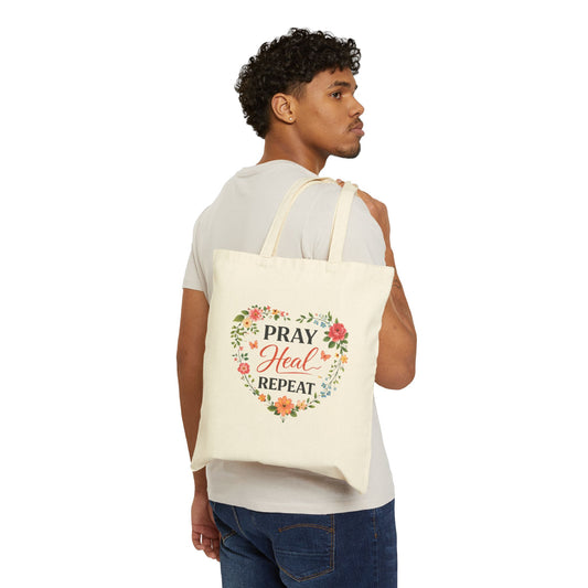 Tote Bag — "Pray, Heal, Repeat" Floral Canvas Tote