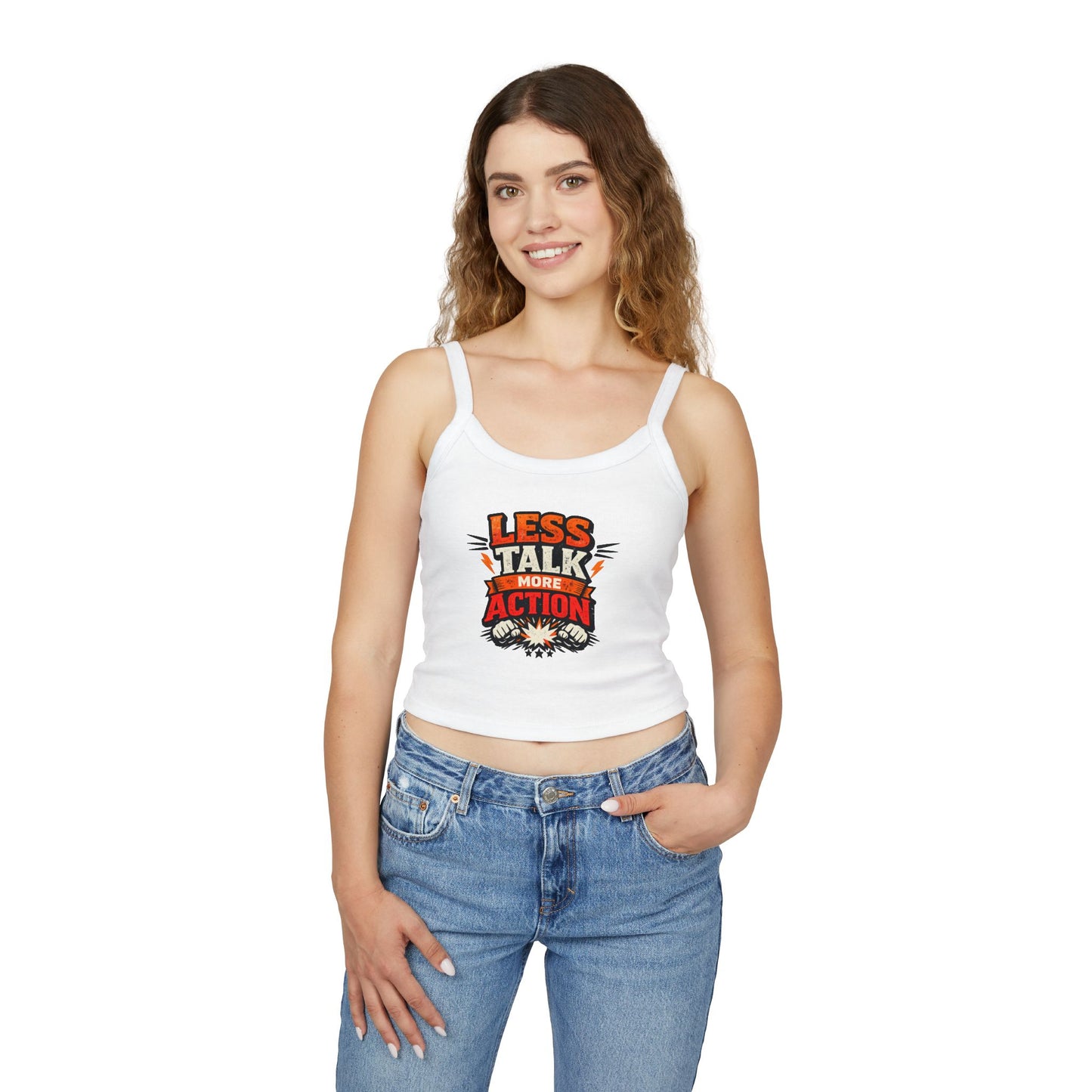 Tanktop „Weniger reden, mehr handeln“ für Damen mit Spaghettiträgern – Motivierende Activewear