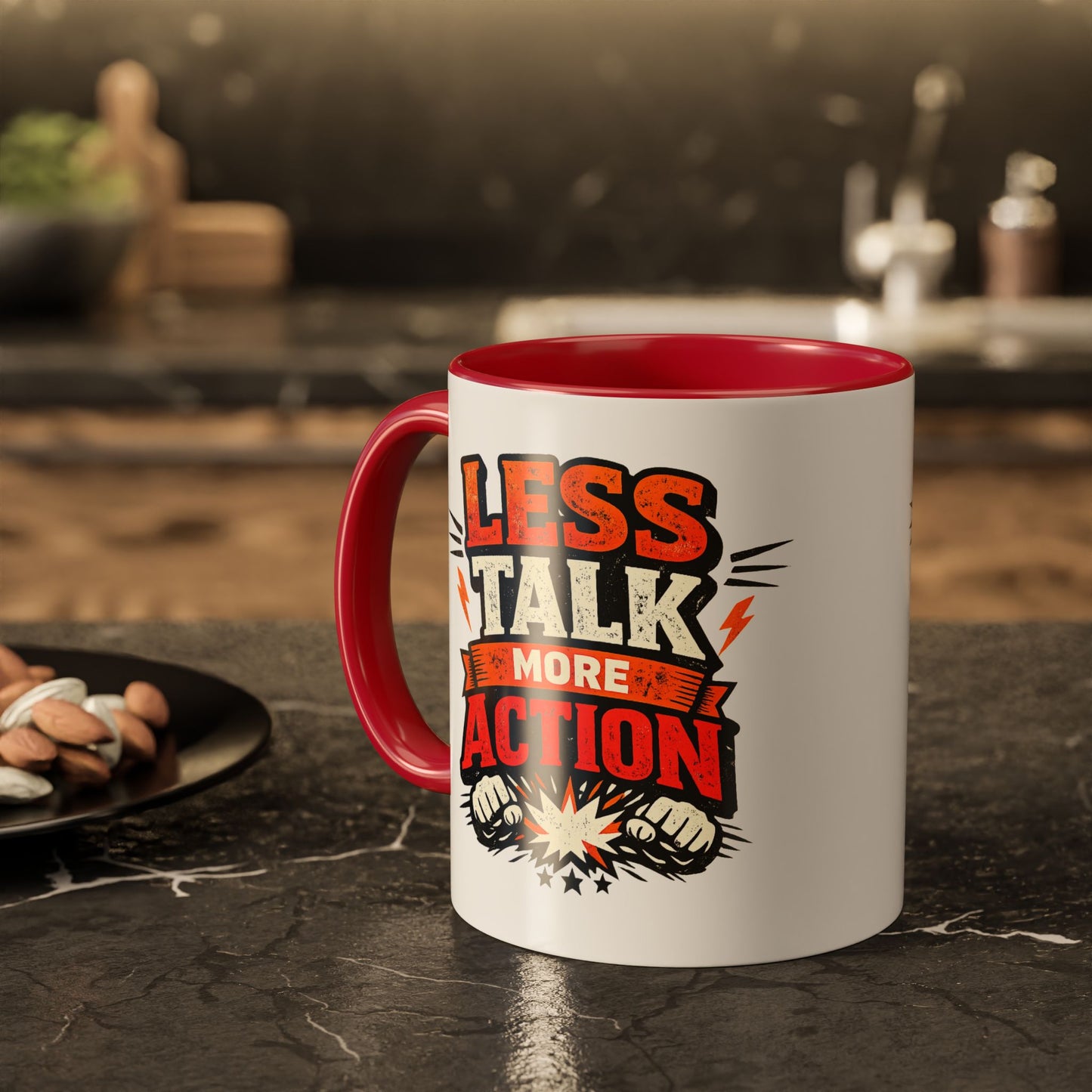 Less Talk More Action Ceramic Mug — Colorful 11oz & 15oz Coffee Cup