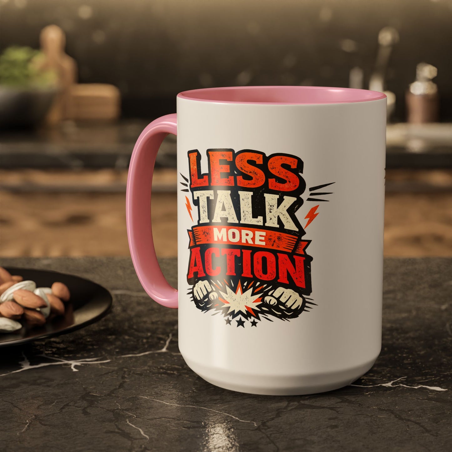 Less Talk More Action Ceramic Mug — Colorful 11oz & 15oz Coffee Cup
