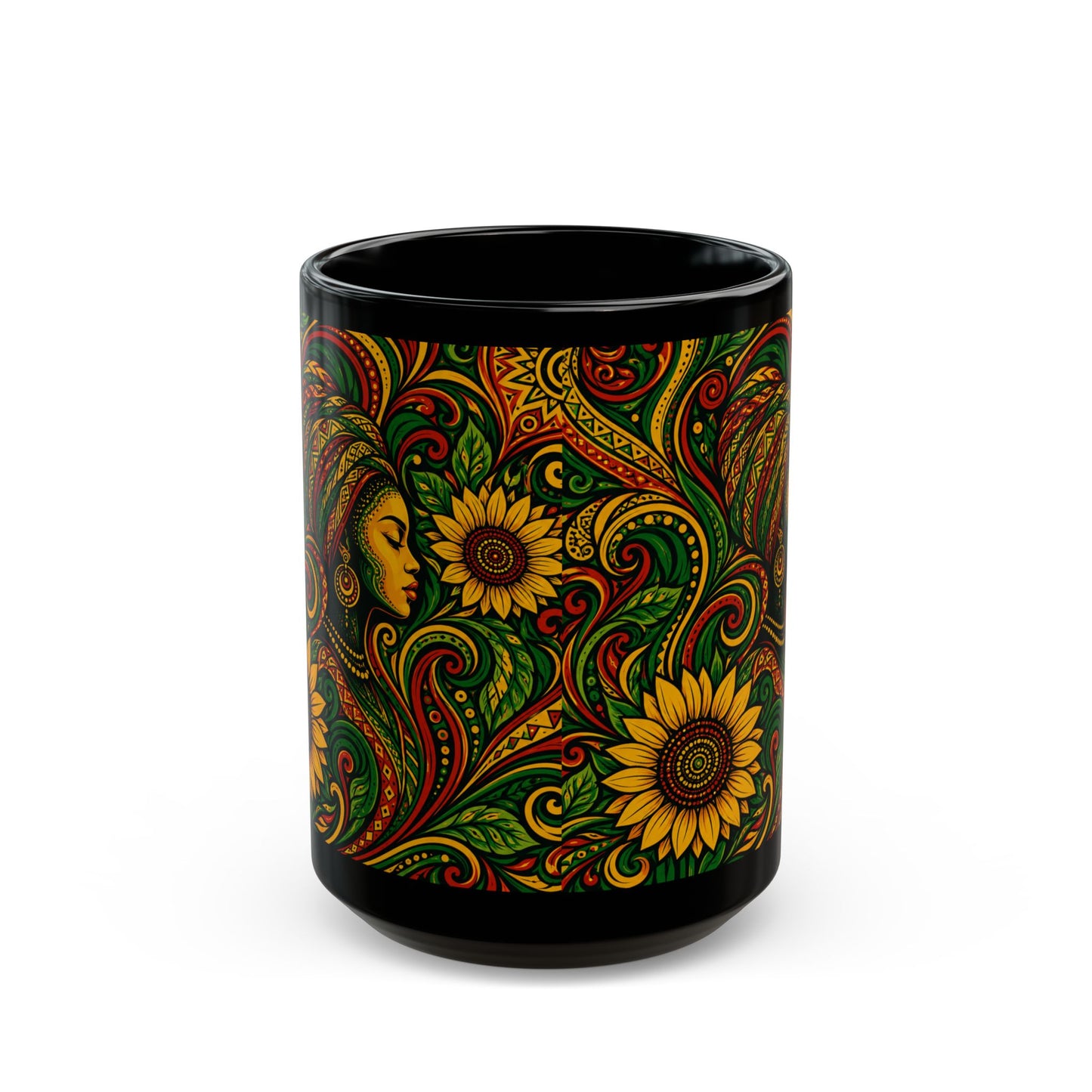 Afrocentric Sunflower Art Mug — Black Ceramic Coffee Cup (11oz/15oz)