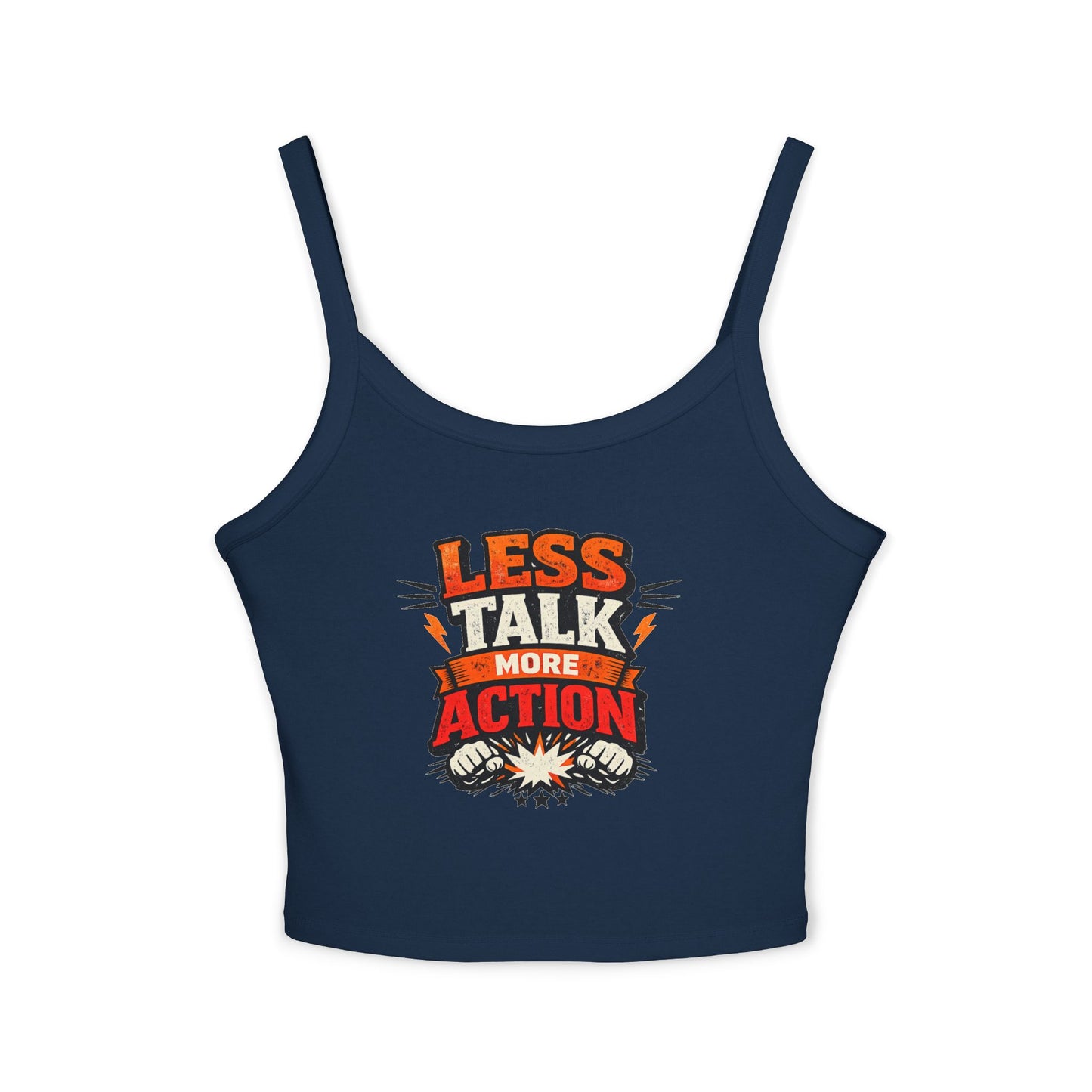 Tanktop „Weniger reden, mehr handeln“ für Damen mit Spaghettiträgern – Motivierende Activewear