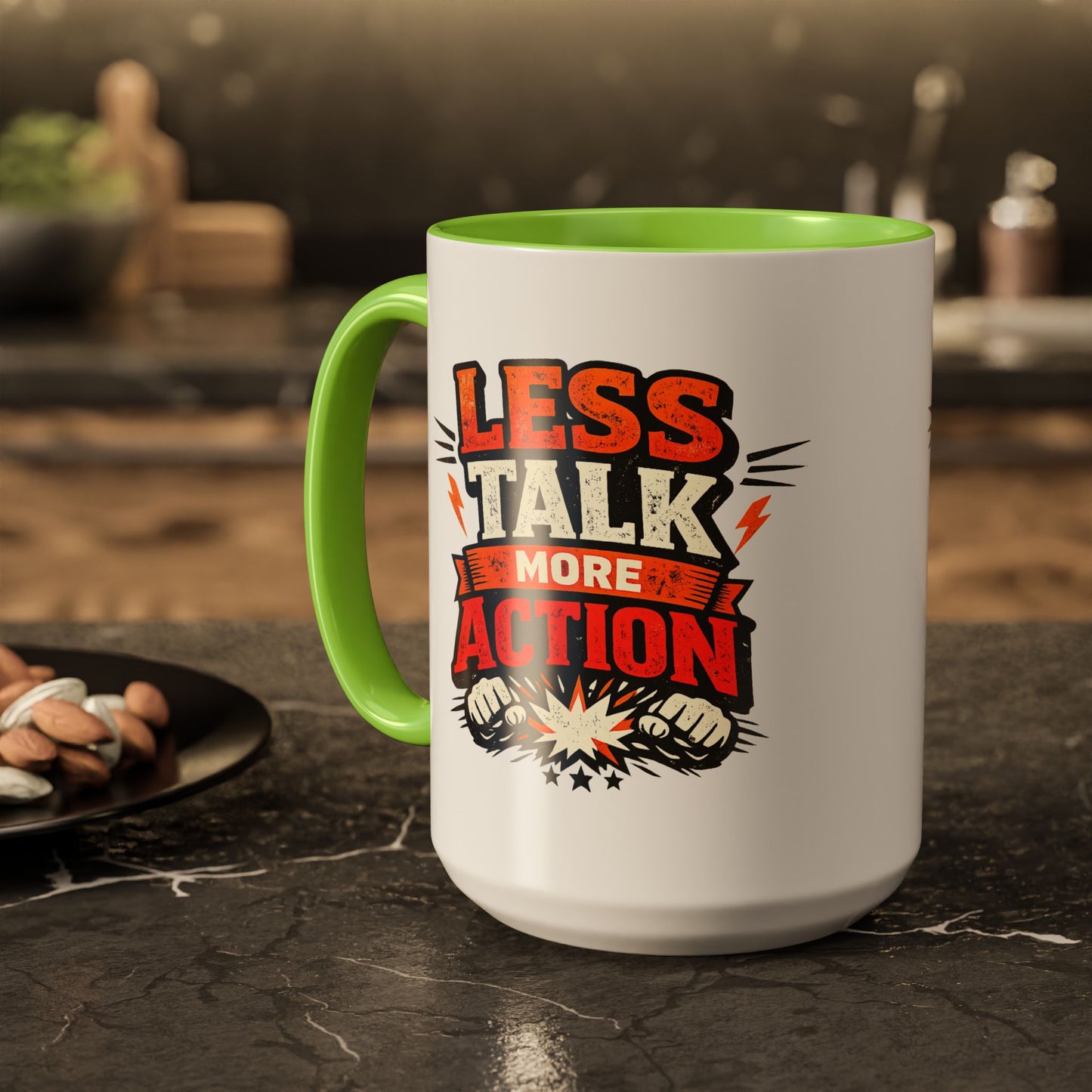Less Talk More Action Ceramic Mug — Colorful 11oz & 15oz Coffee Cup