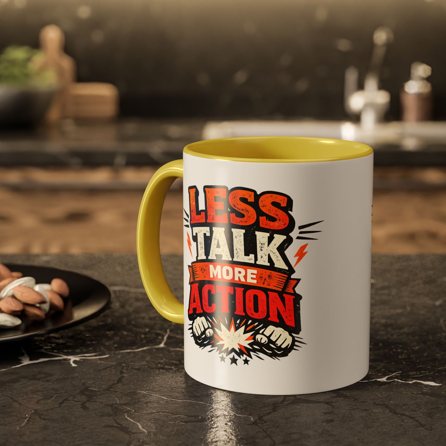 Less Talk More Action Ceramic Mug — Colorful 11oz & 15oz Coffee Cup